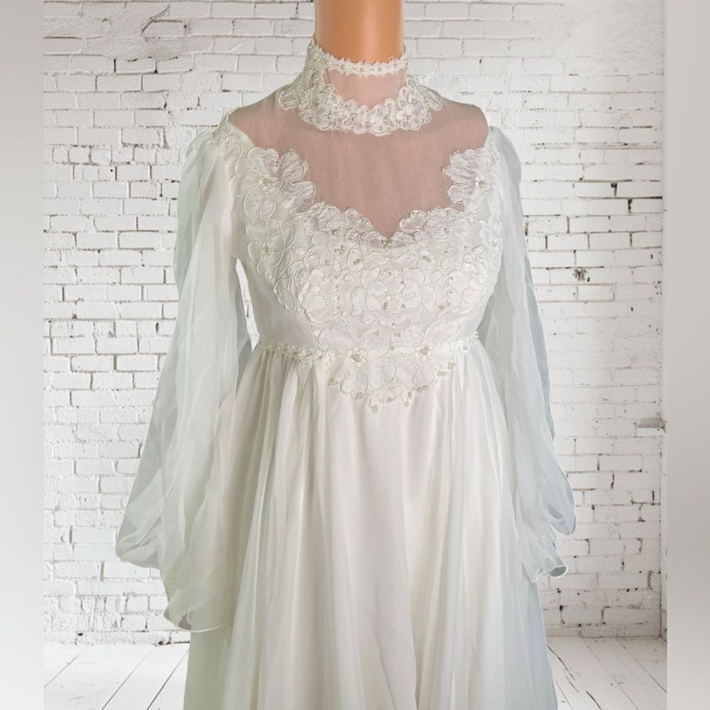 Vntg. Alfred Angelo Chiffon Wedding Dress High Neck Long Sleeves Bridal Gown